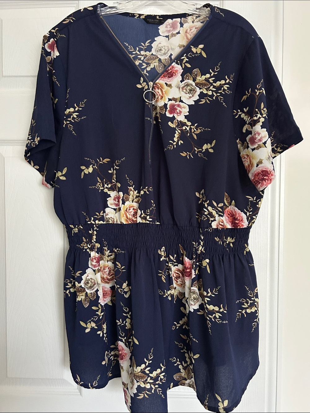 SHEIN Navy Floral V-Neck Short Sleeve Blouse